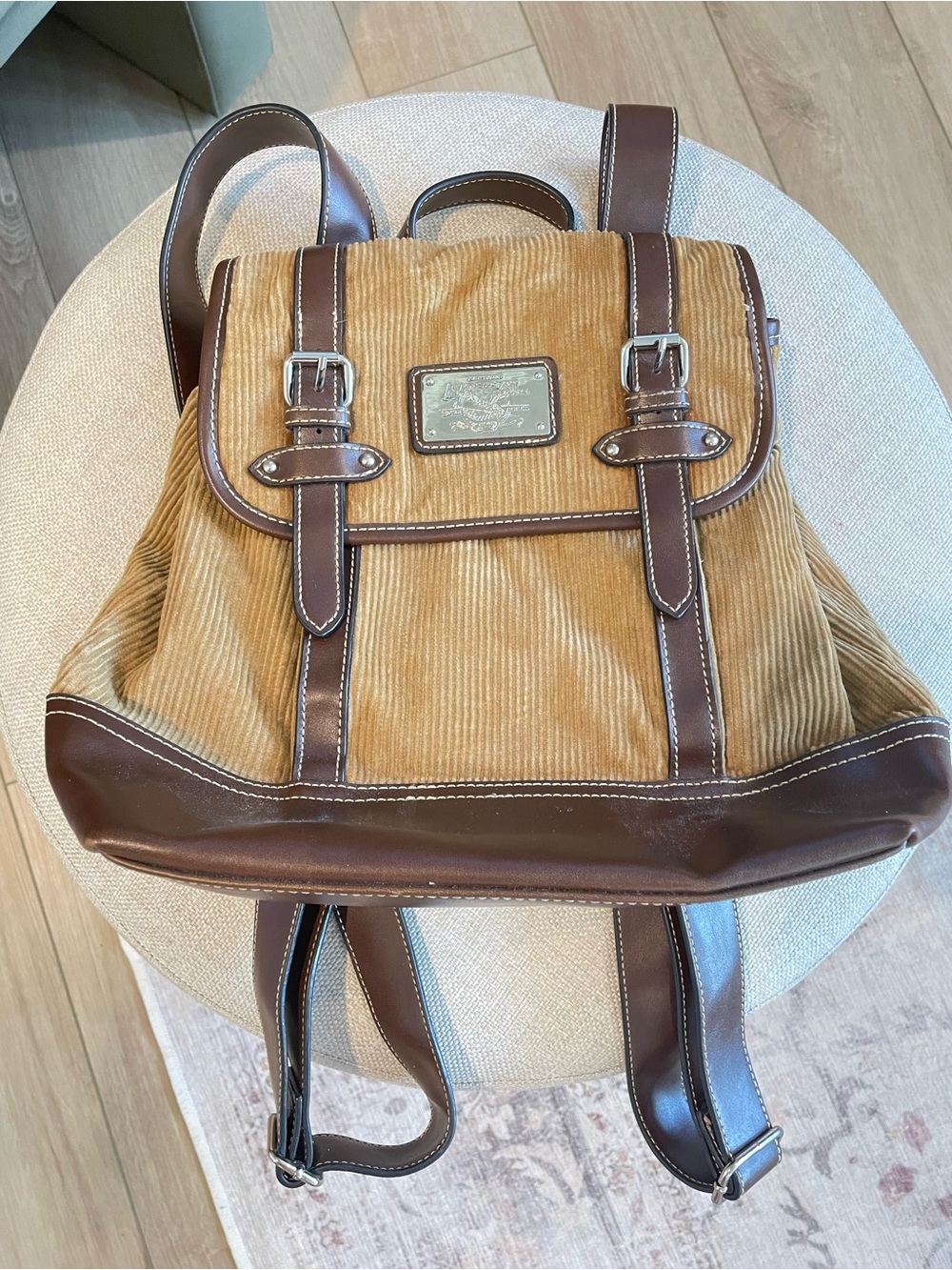 Vintage American Living Corduroy/Leather Backpack Bag Purse Tan/Brown EUC